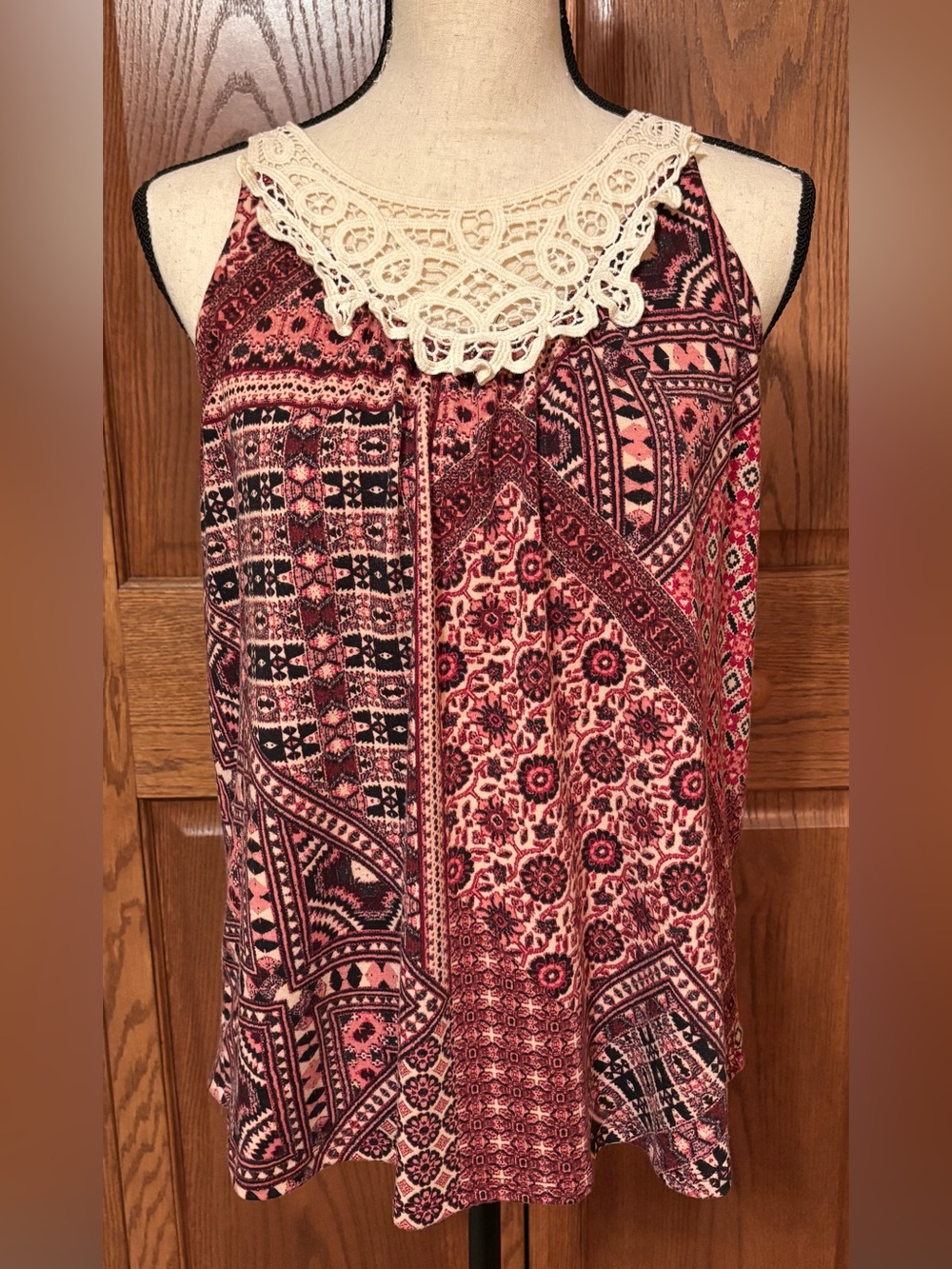 Maurices Pink and Black Crochet-Neck Tank with Mosaic Print